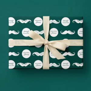 Happy moustache wrapping paper on blue with custom name text