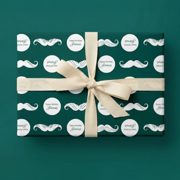 Happy moustache wrapping paper on blue with custom name text