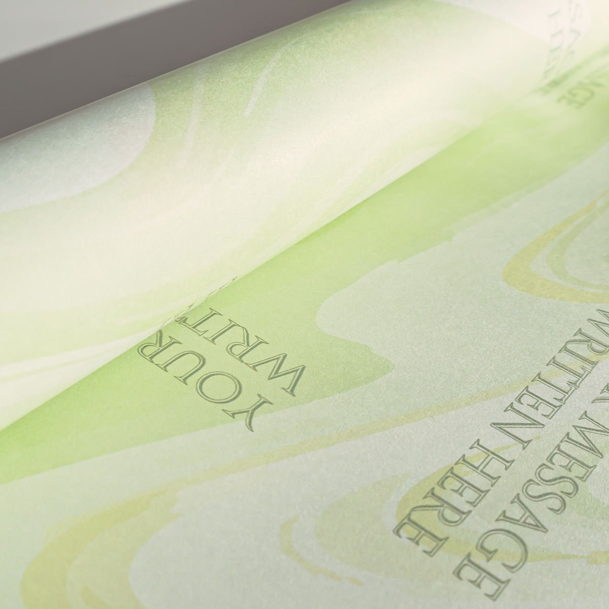 Light green and white liquid marble or swirl texture with repeated placeholder text reading "YOUR MESSAGE WRITTEN HERE" positioned at various angles