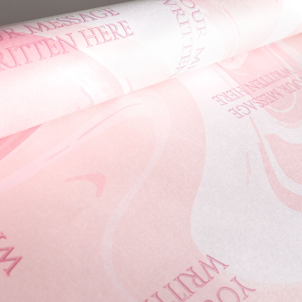 Pink and white liquid marble or swirl texture with repeated placeholder text reading "YOUR MESSAGE WRITTEN HERE" positioned at various angles