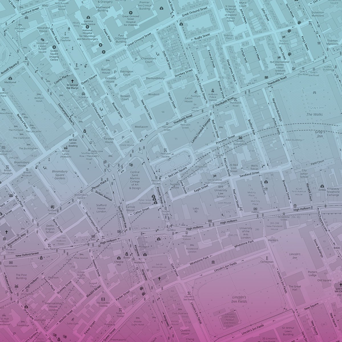 Mapped wrapping paper - personalised location map design with gradient colour scheme