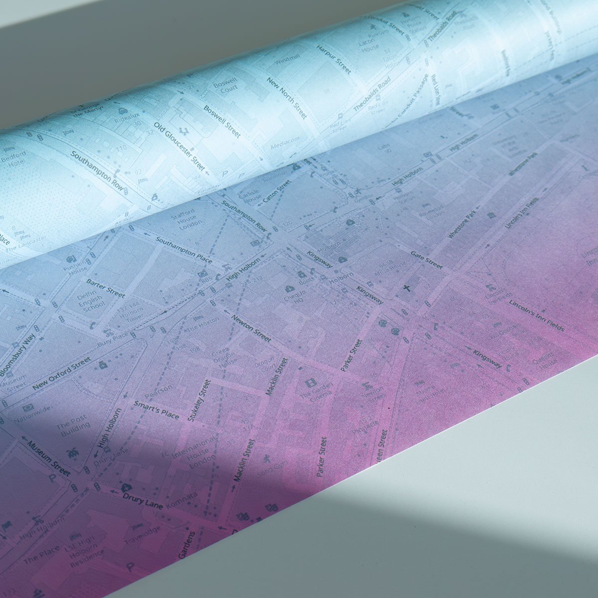Mapped wrapping paper - personalised location map design with gradient colour scheme
