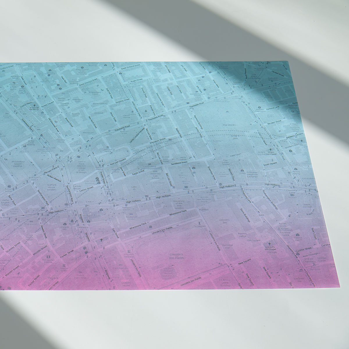 Mapped wrapping paper - personalised location map design with gradient colour scheme