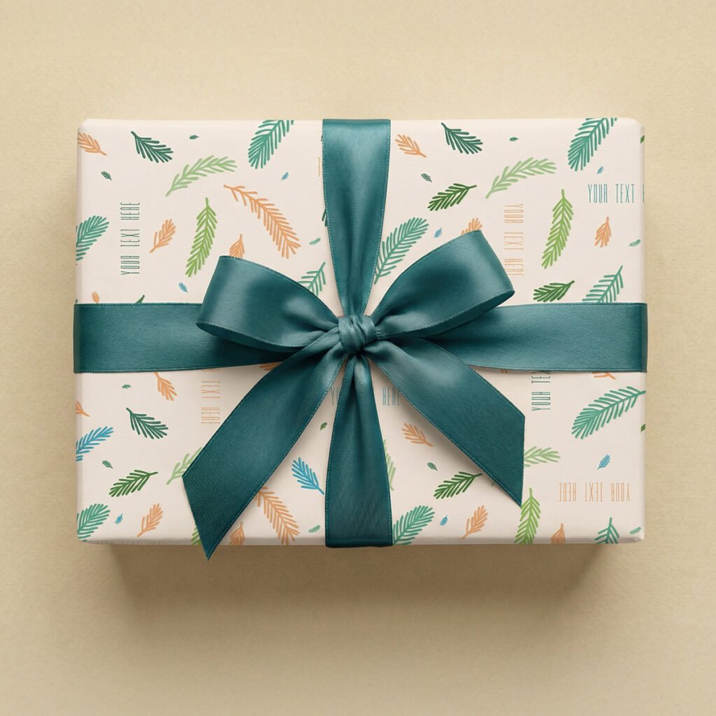 Cream background scattered with hand-drawn styled leaves in multiple colors including forest green, teal, light green, orange, and blue. Leaves vary in size and are positioned at different angles throughout. Multiple placeholder text elements reading "YOUR TEXT HERE" are scattered at various angles in orange, blue, and green tones.
