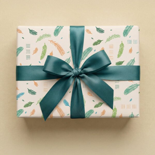 Cream background scattered with hand-drawn styled leaves in multiple colors including forest green, teal, light green, orange, and blue. Leaves vary in size and are positioned at different angles throughout. Multiple placeholder text elements reading "YOUR TEXT HERE" are scattered at various angles in orange, blue, and green tones.