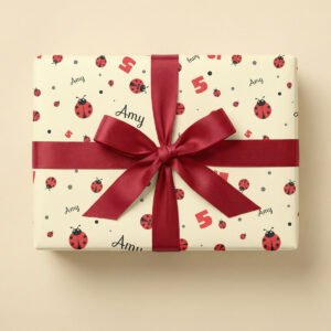 Cream background scattered with red ladybugs, the number "5" in bold red, and personalised names (Amy, Soph, Harry) in a whimsical handwritten font
