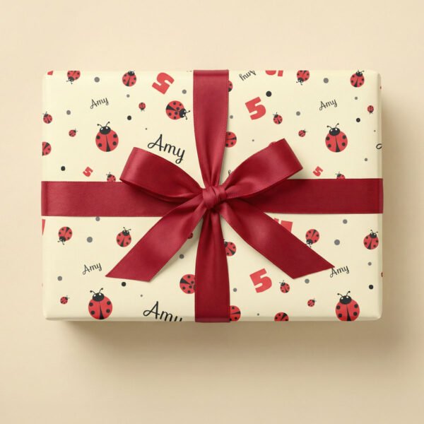 Cream background scattered with red ladybugs, the number "5" in bold red, and personalised names (Amy, Soph, Harry) in a whimsical handwritten font