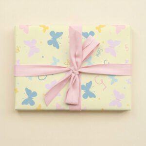 Pale yellow background with pastel butterflies in pink, blue, and yellow, scattered numbers, and personalised names (Sofia, Ellie) throughout