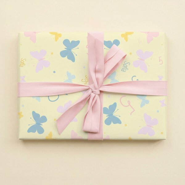 Pale yellow background with pastel butterflies in pink, blue, and yellow, scattered numbers, and personalised names (Sofia, Ellie) throughout