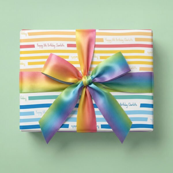 Rainbow Ribbons wrapping paper - personalised message on multicoloured ribbon stripes