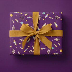 Deep purple background with colourful illustrated rockets, planets, stars, yellow circles, and placeholder text "Your message here" in a space theme