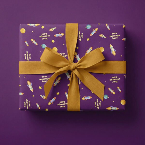 Deep purple background with colourful illustrated rockets, planets, stars, yellow circles, and placeholder text "Your message here" in a space theme