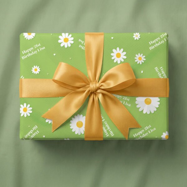 Daisy Field wrapping paper - white daisies with golden centres on green background
