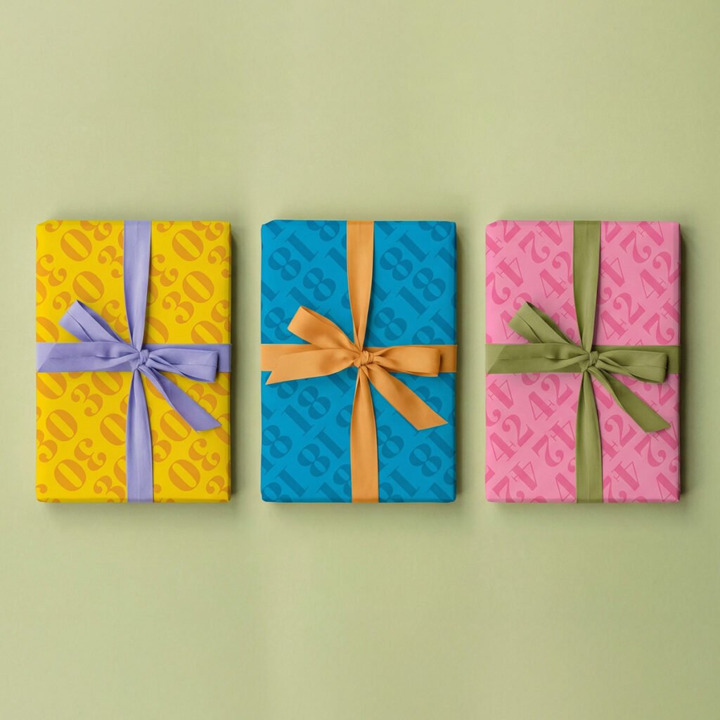 repeating seamless pattern of stylised numbers and triangular shapes in shades of pink blue and yellow with 3D shadowing effect