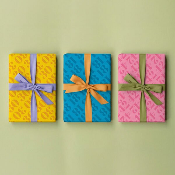 repeating seamless pattern of stylised numbers and triangular shapes in shades of pink blue and yellow with 3D shadowing effect