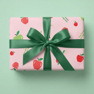 Apple Picking wrapping paper - red and green apples with personalised message on pink