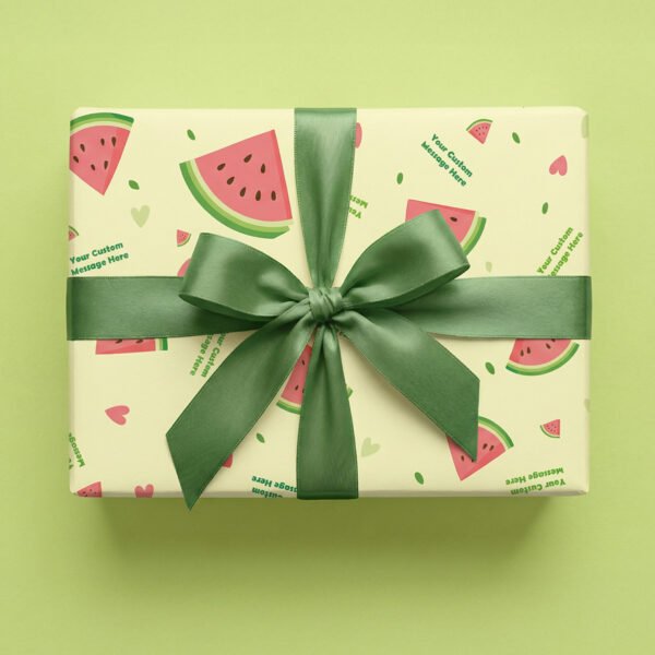 Summer Slice wrapping paper - pink watermelon slices with personalised message on yellow background