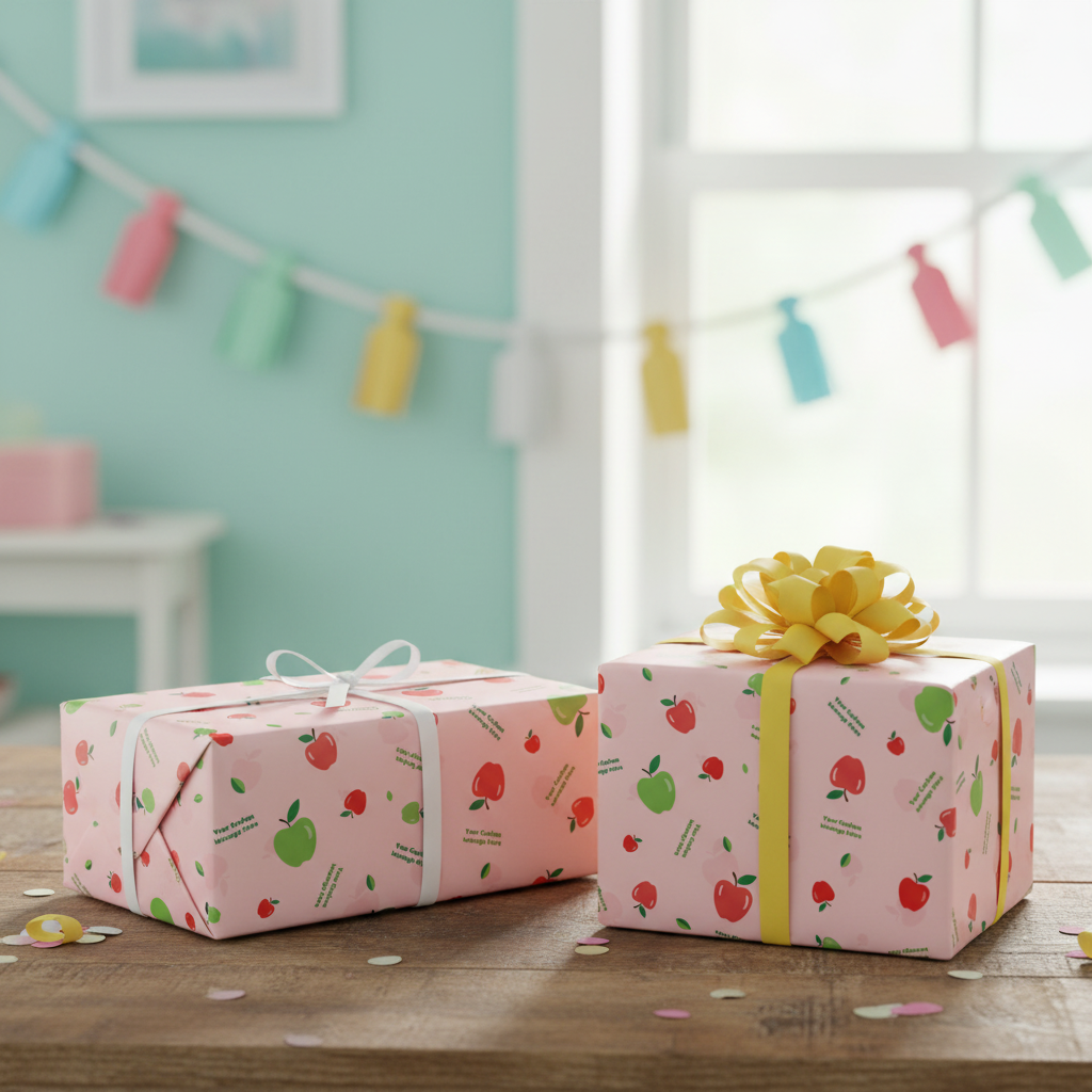 Pink personalized wrapping paper with red and green apple design, white text showing custom message