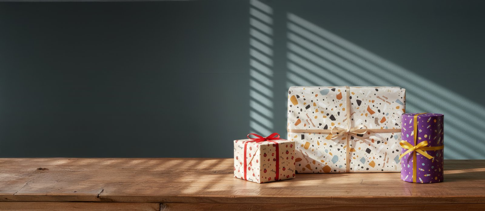 Roll Work personalised wrapping paper product showcase with gift-wrapped boxes in various designs