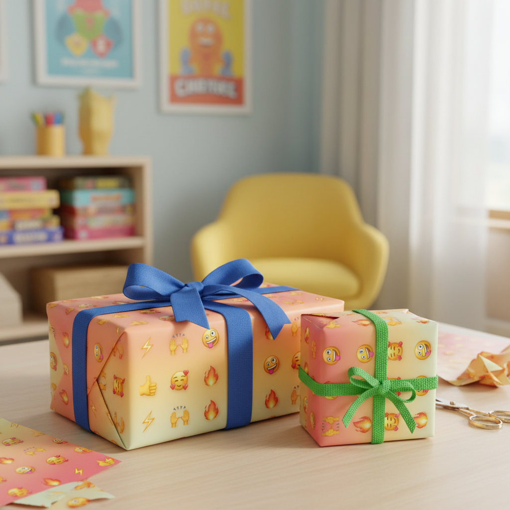 Colorful personalized wrapping paper featuring emoji designs