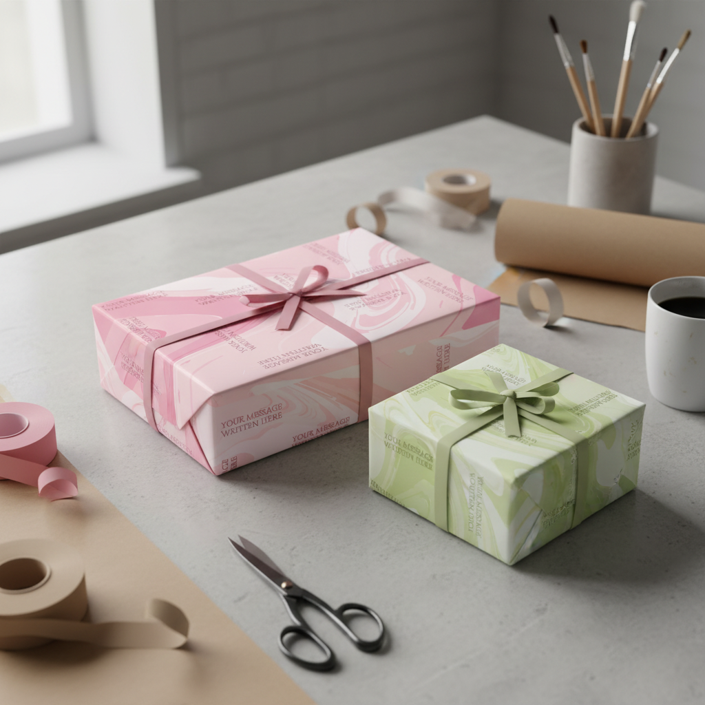 Pink and white gradient wrapping paper with textured marble effect design, personalized