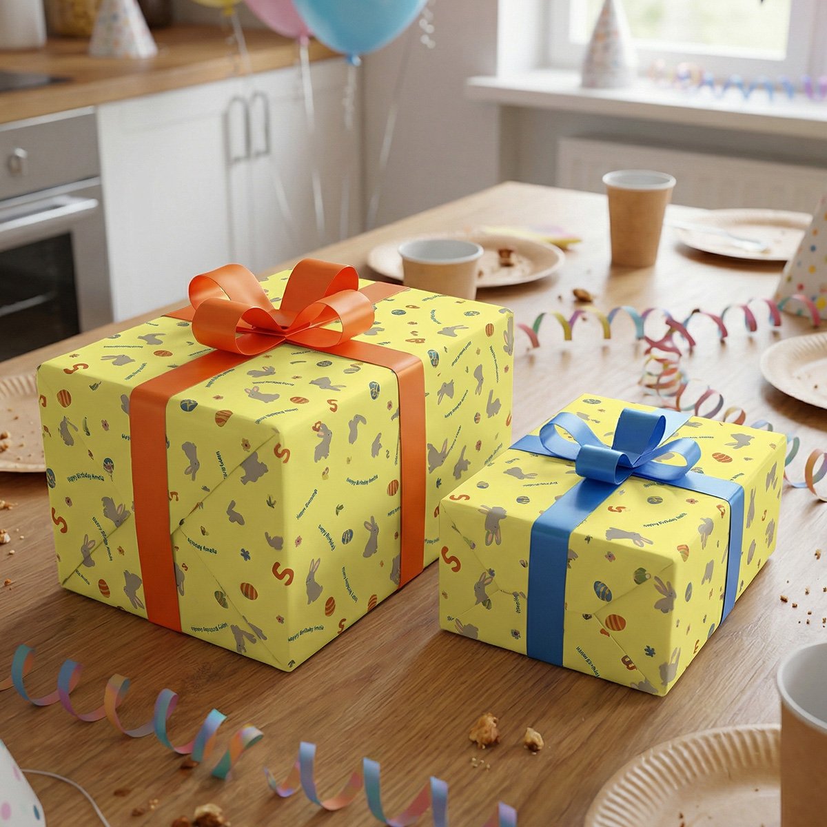 Two wrapped gift boxes on a wooden kitchen table at a children's birthday party, covered with the yellow Easter bunny wrapping paper tied with orange and blue ribbons and bows, surrounded by colorful balloons, party decorations, cups, plates, and party streamers.