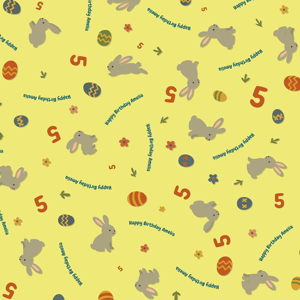 Bright yellow wrapping paper showing all-over repeat pattern of gray cartoon rabbits with pink inner ears in various poses, decorated Easter eggs in red, blue, and yellow with geometric patterns, red age numbers "5", small colorful flowers, green arrow motifs, and diagonal personalized text reading "Happy Birthday Amelia" and "Happy Birthday Hadden" in teal blue.
